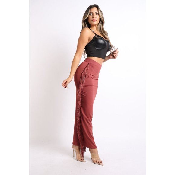 Women's Sexy Fringe Maxi Bodycon Midi Pencil Skirt High Waisted Tassels Side - Picture 11 of 12